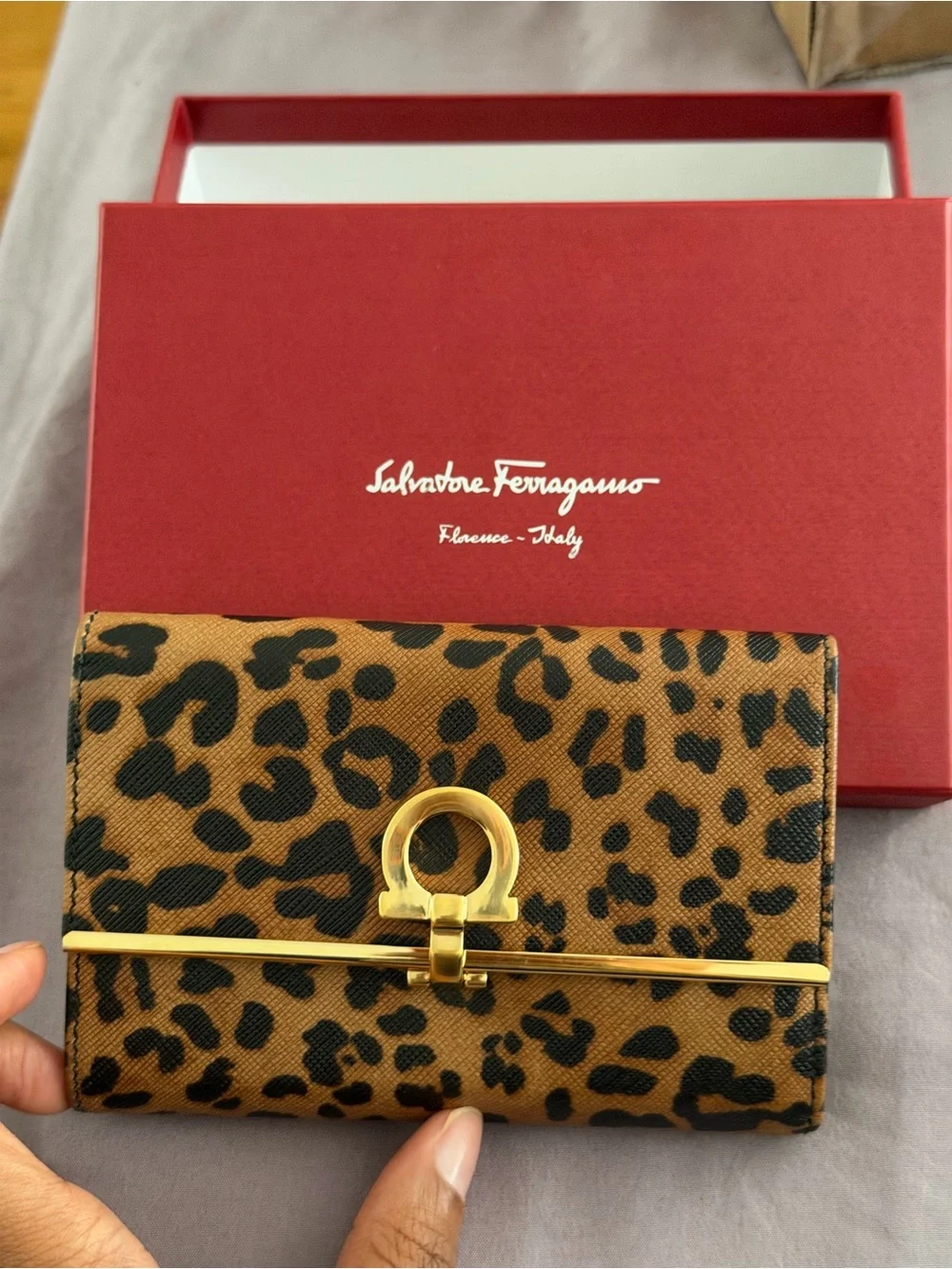 Salvatore Ferragamo Leopard Print Wallet in Brown and Black with Gold Hardware